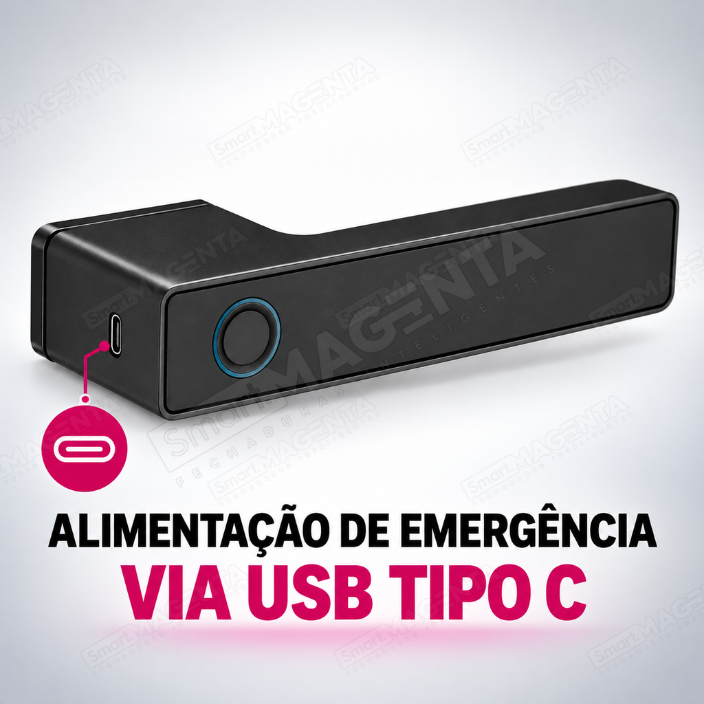 Fechadura Digital Lumina Audaz Preta Minimalista: emergência USB