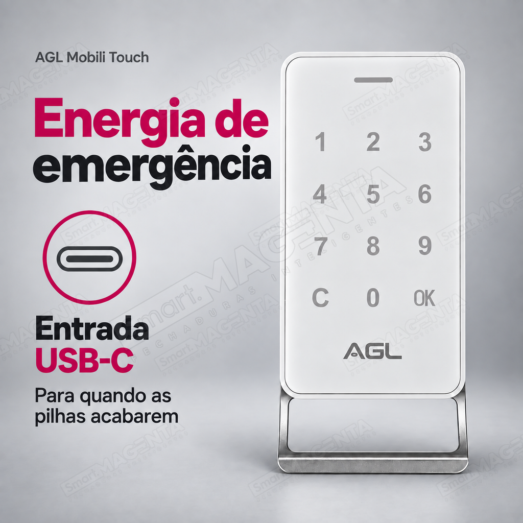 Fechadura Digital AGL Mobili Touch: emergência USB-C