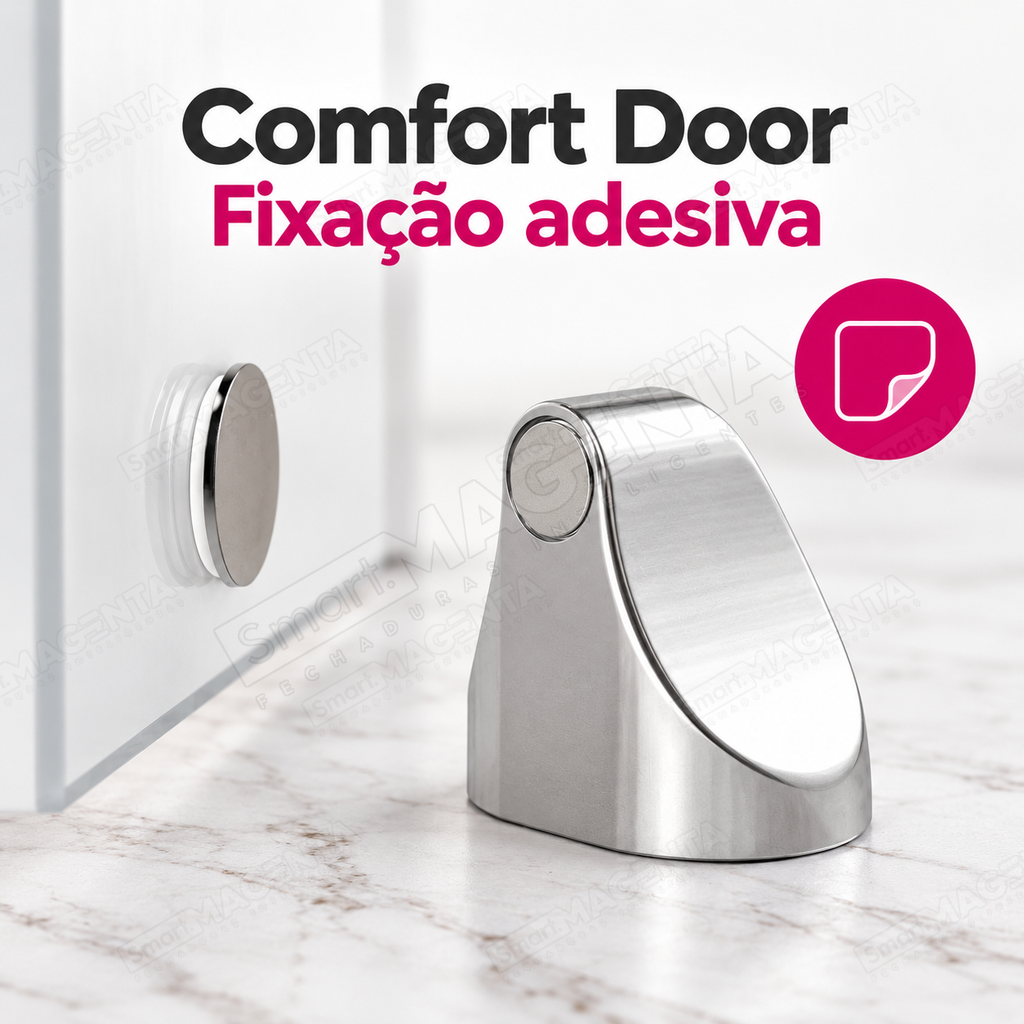 Prendedor Trava Porta Magnético Comfort Door Prata com Adesivo 3M: fixacao adesiva