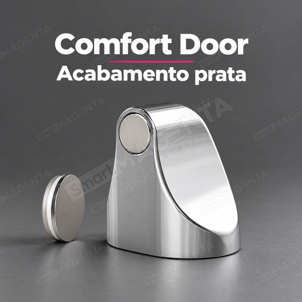 Prendedor Trava Porta Magnético Comfort Door Prata com Adesivo 3M: acabamento prata