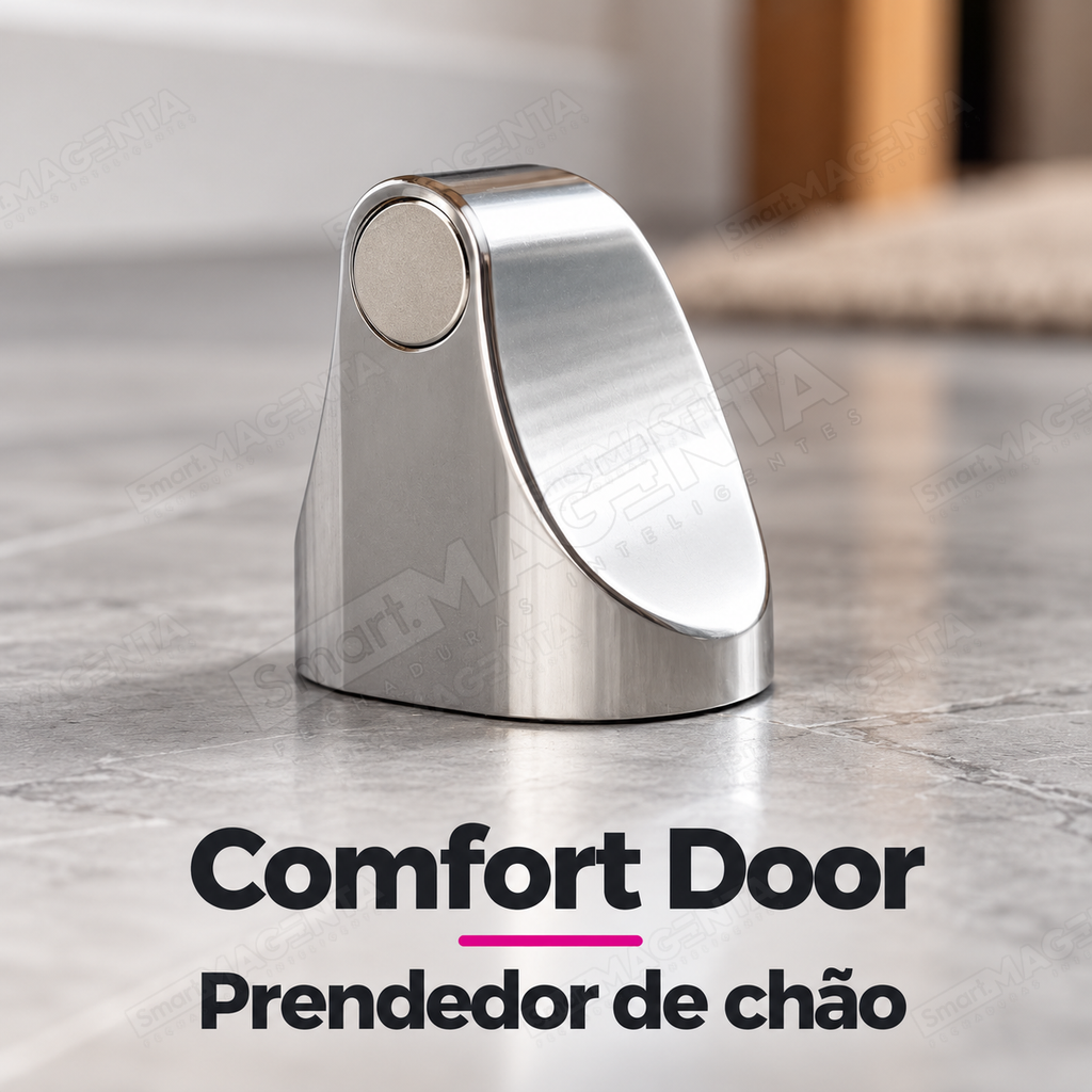 Prendedor Trava Porta Magnético Comfort Door Prata com Adesivo 3M: apoio no piso