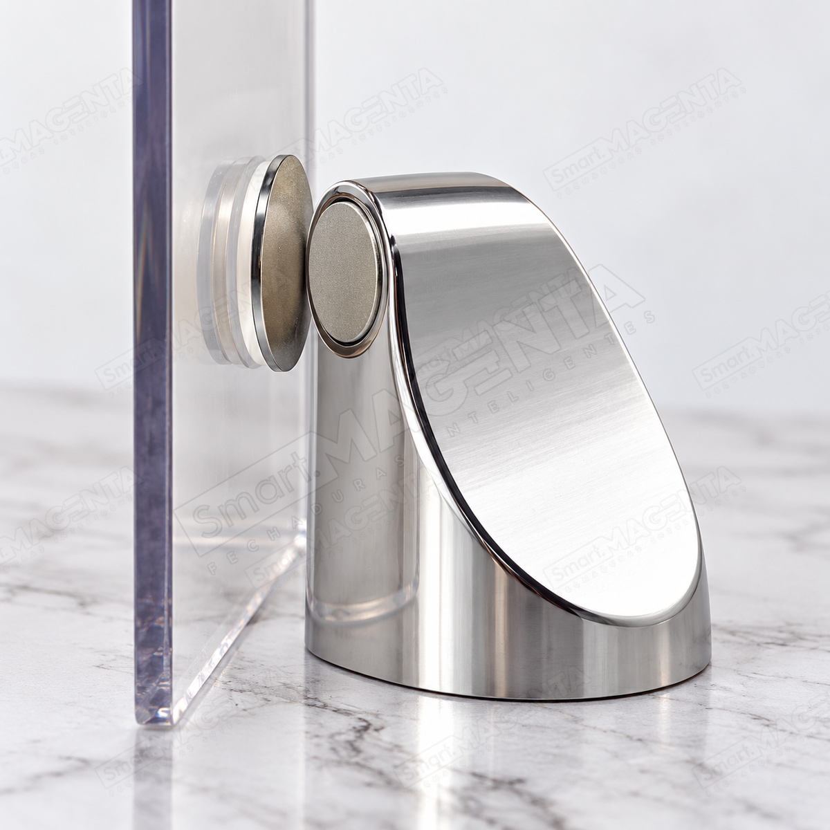Prendedor Trava Porta Magnético Comfort Door Prata com Adesivo 3M: conjunto em detalhe