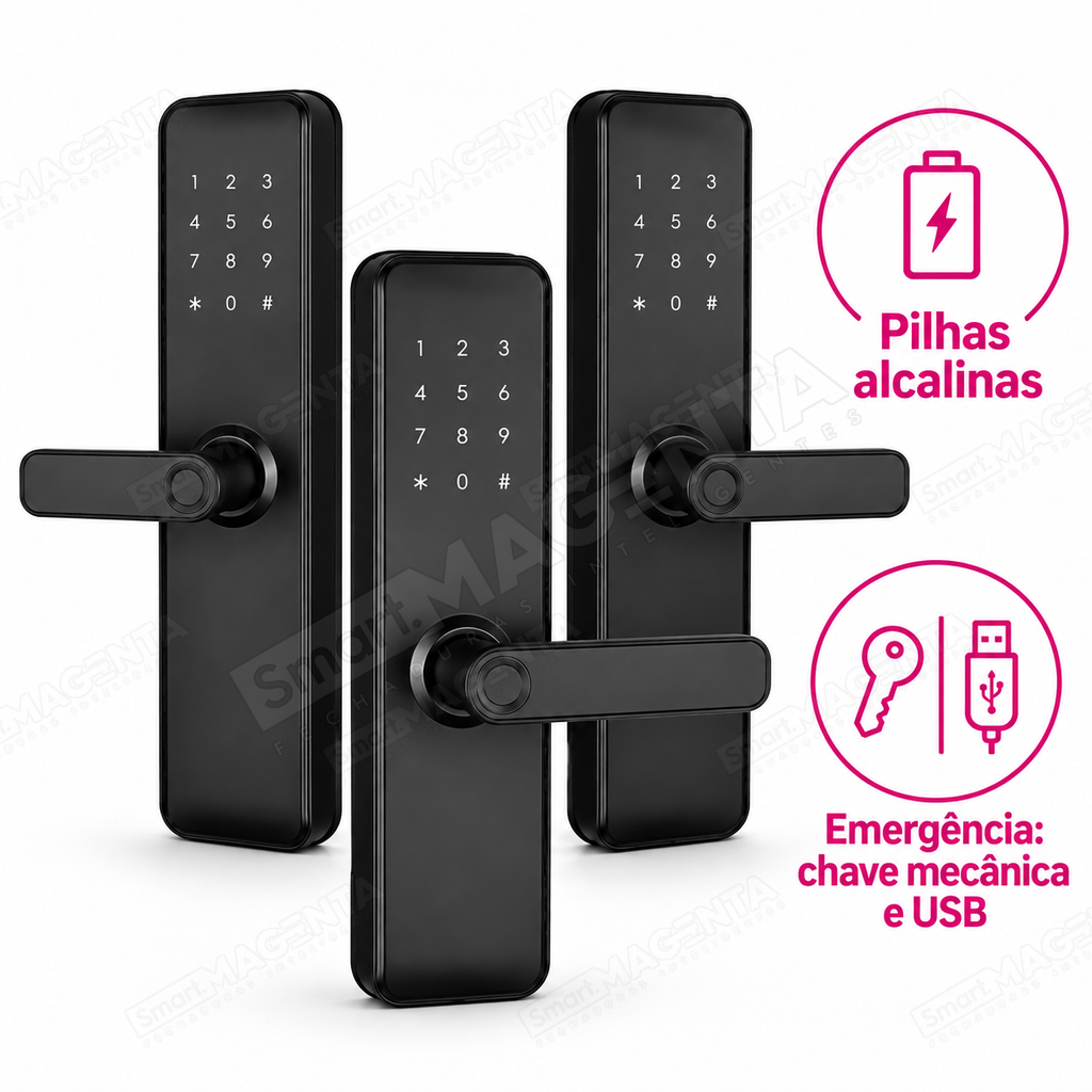 Kit 3 Fechaduras Digitais Papaiz Fit Lock: alimentação e emergência