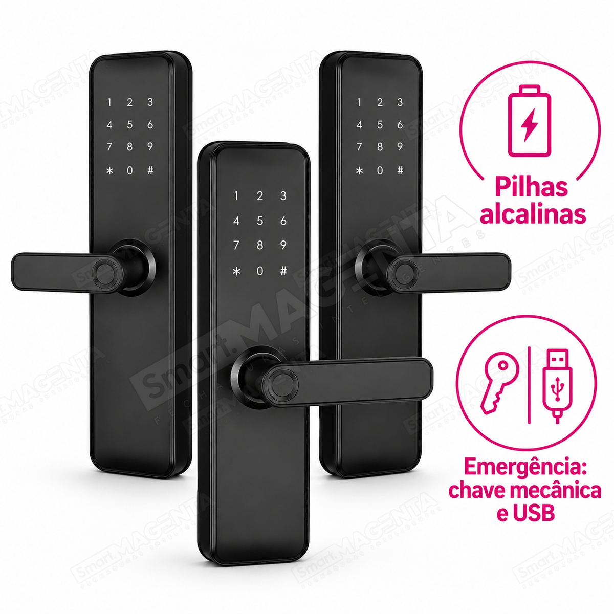 Kit 3 Fechaduras Digitais Papaiz Fit Lock: alimentação e emergência