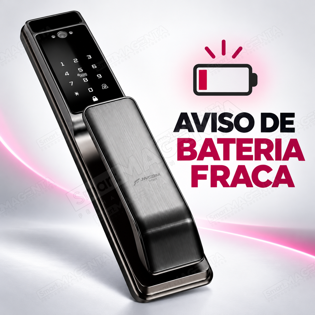 Fechadura Digital JWCOM  Reconhecimento Facial Wi-Fi com App Tuya, Biometria e Cartão: aviso bateria