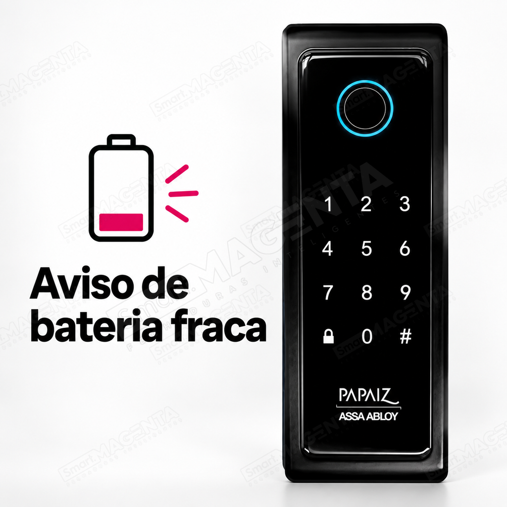 Fechadura Digital Papaiz SL140 B: aviso de bateria fraca