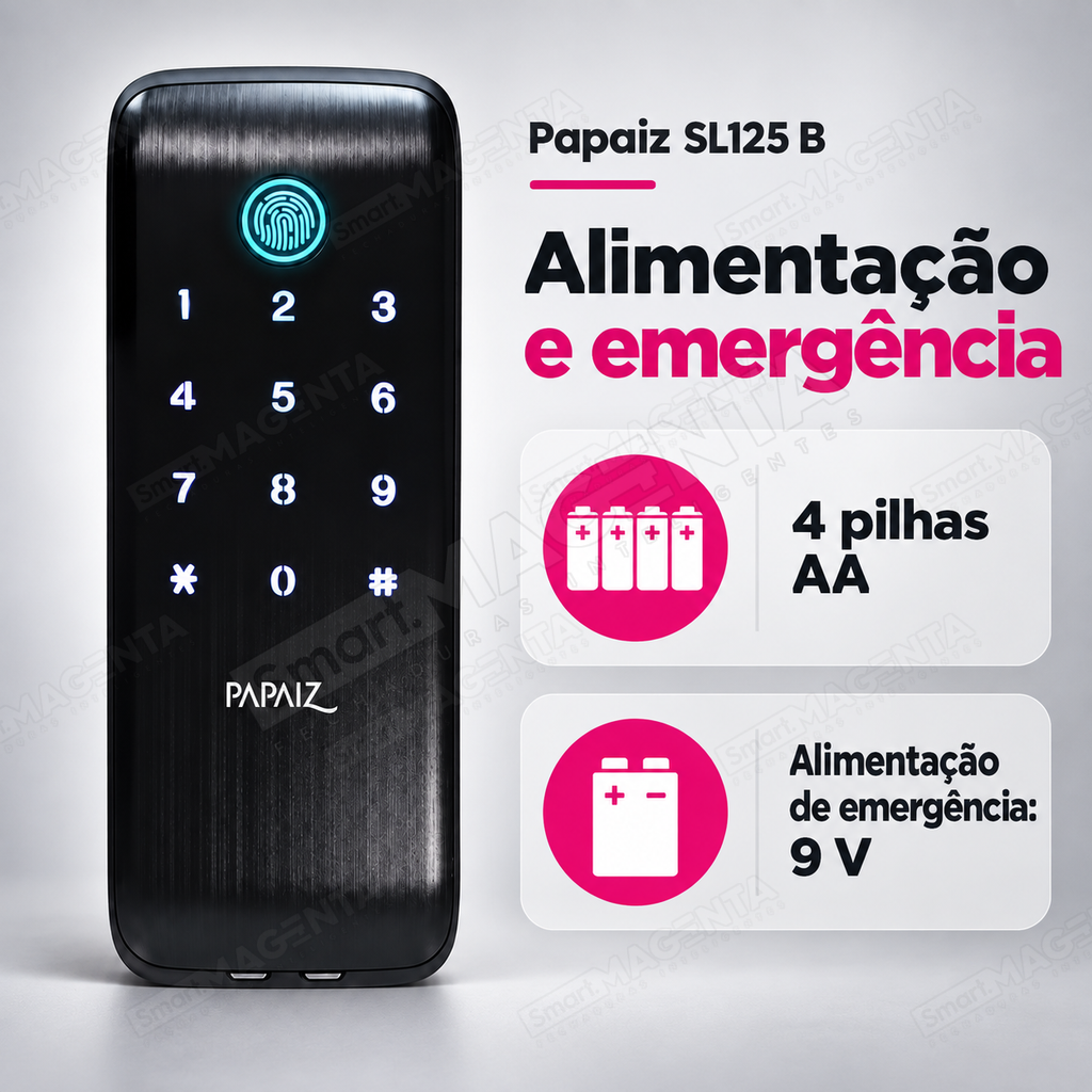 Fechadura Digital Papaiz SL125 B: alimentação emergência