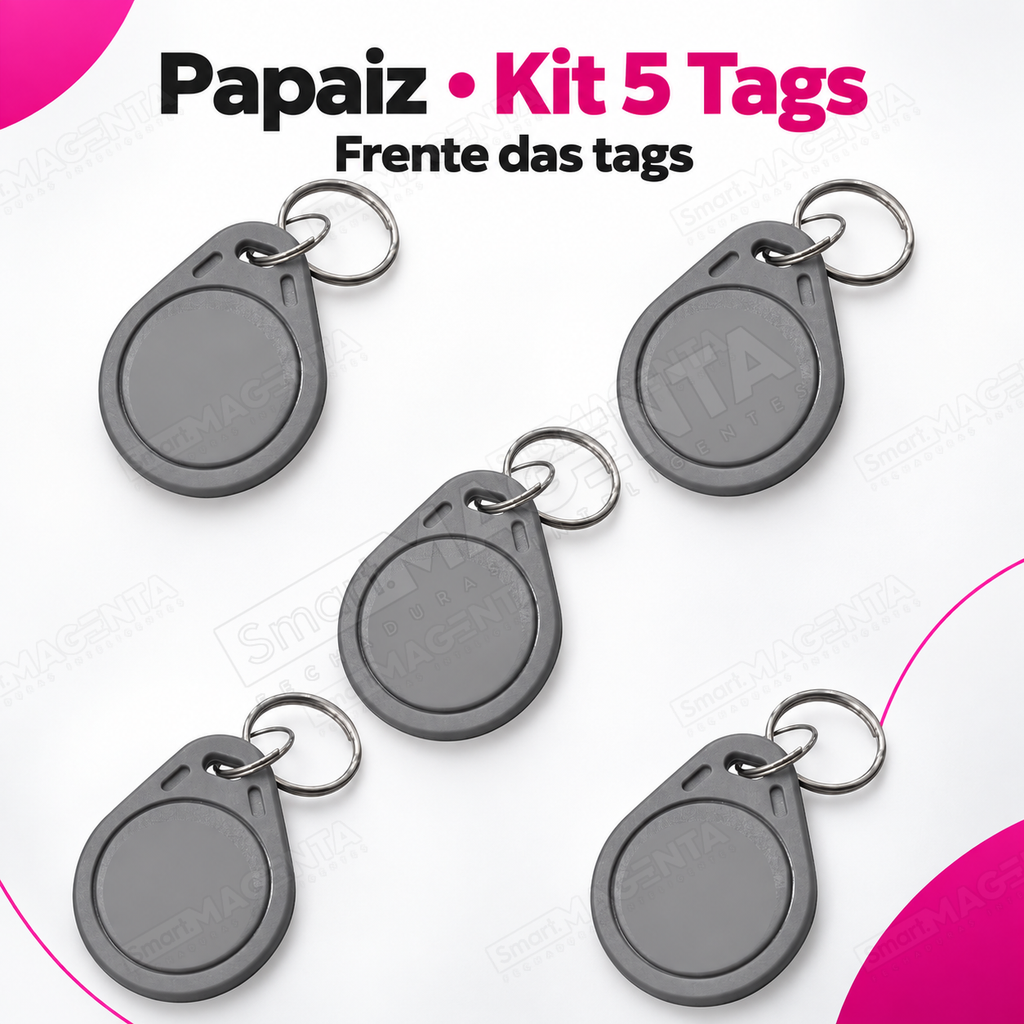 Kit 5 Chaveiros RFID 13,65MHz Papaiz   Controle de Acesso Seguro e Prático para Fechaduras: frente das tags